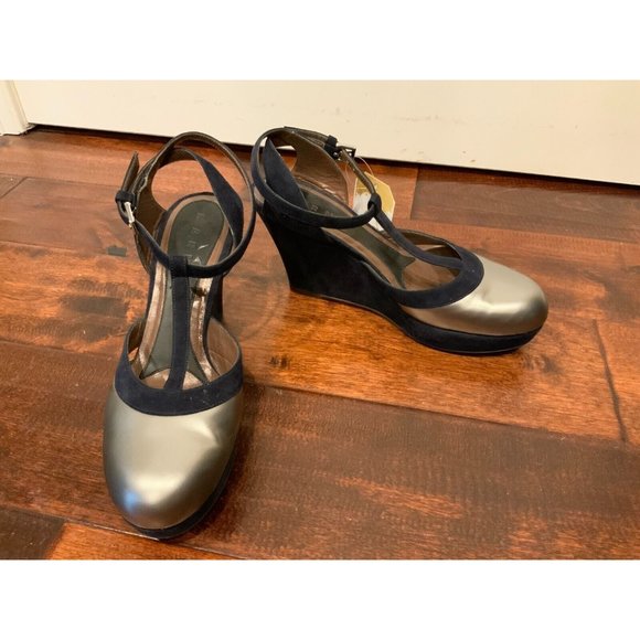 Marni Shoes - Marni Silver & Navy Suede Maryjane Wedge Platform Heels, Sz 9.5 (US) 39.5 (IT)